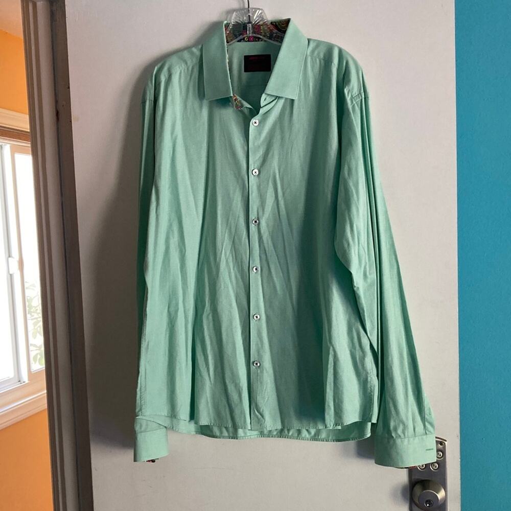 Jared Lang Green Cotton Mens Size 2XL Slim Button Front Long Sleeve Dress Shirt